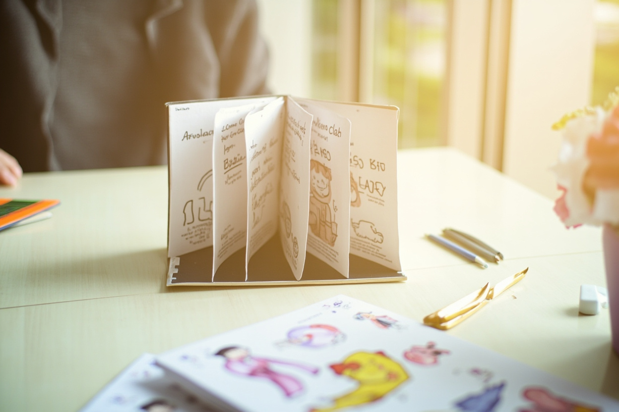 Flip book pages with colorful design on desk