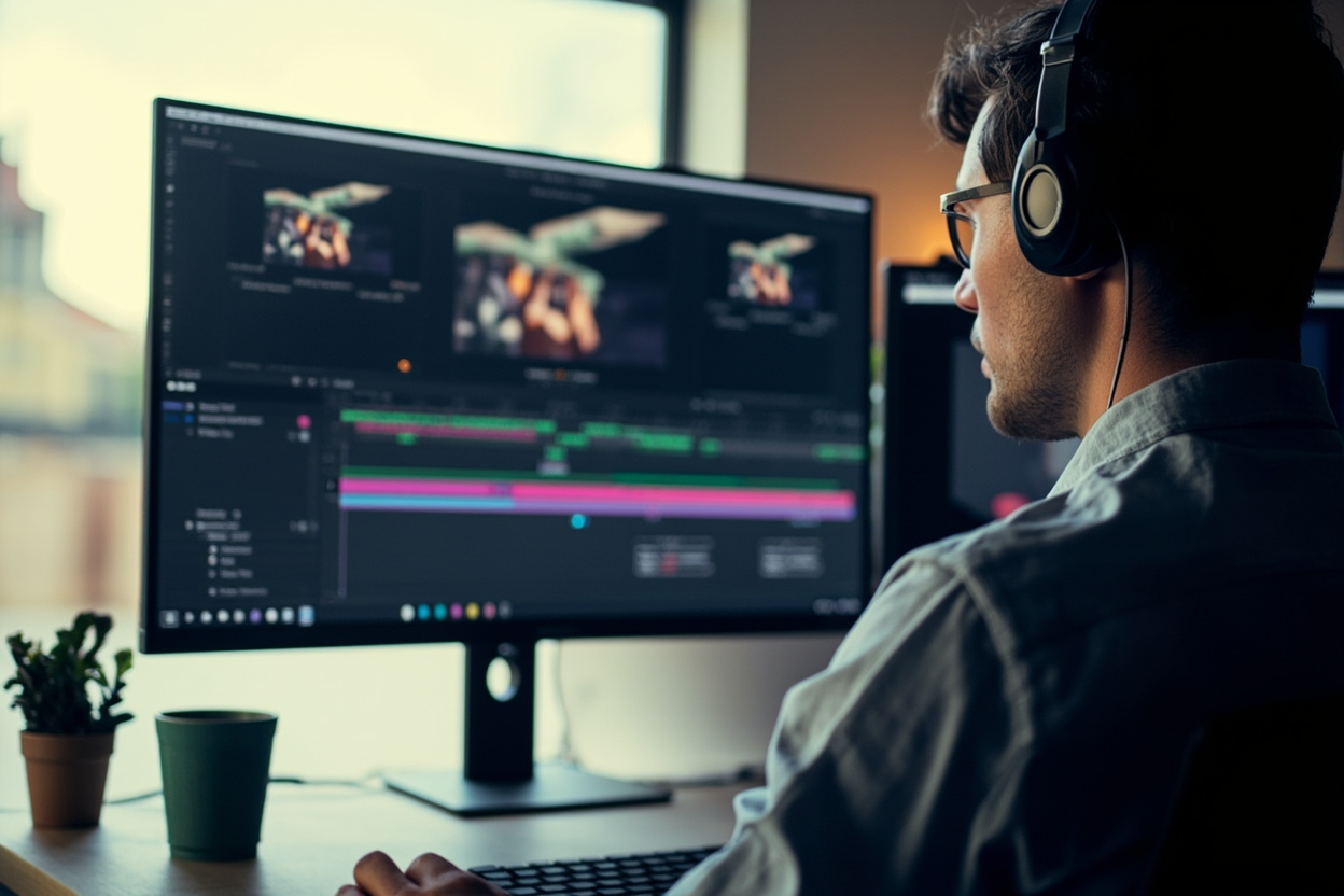 Video editor working with Premiere Pro timeline and export progress